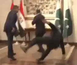 Ishaq Dar falls down while welcoming foreign ministers at the Foreign Office in Islamabad.