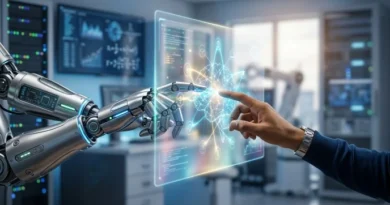 A human hand interacting with a digital brain interface and various apps.