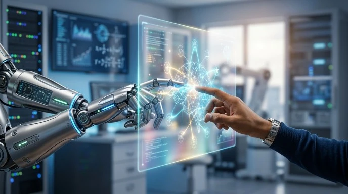 A human hand interacting with a digital brain interface and various apps.