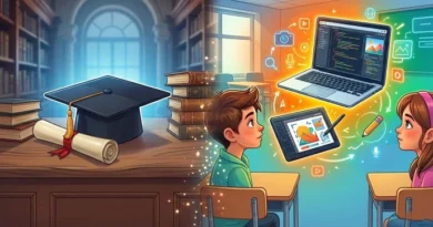 A student holding a diploma in one hand and a digital tool representing coding and design in the other.