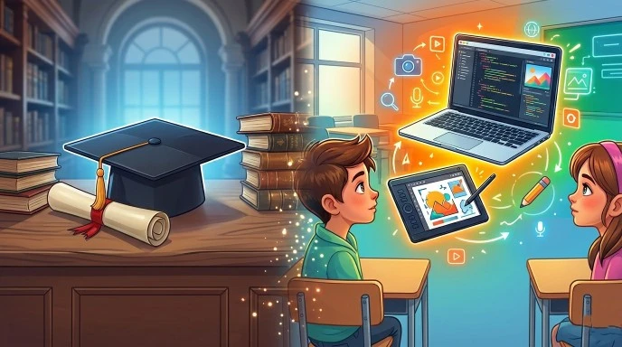 A student holding a diploma in one hand and a digital tool representing coding and design in the other.