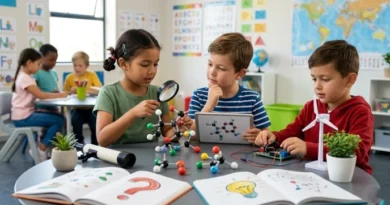 A classroom with children actively participating in a project, asking questions, and analyzing data.