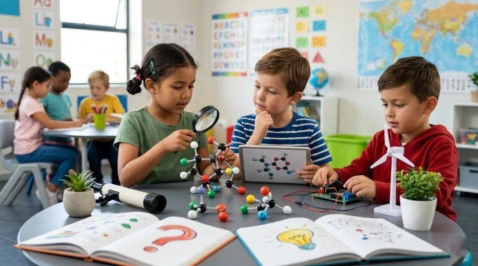 A classroom with children actively participating in a project, asking questions, and analyzing data.