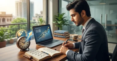 A professional person looking focused, standing in a modern office with growth symbols in the background.