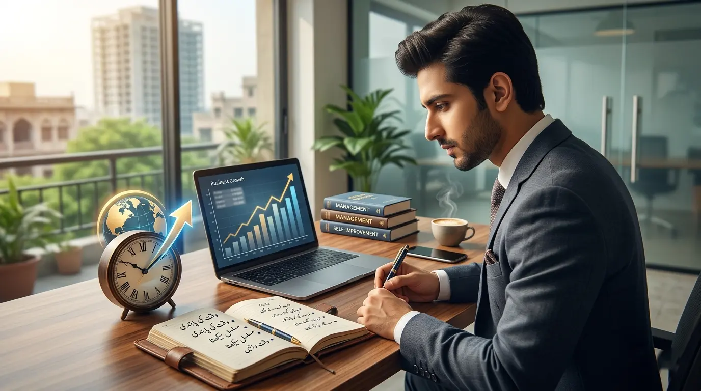 A professional person looking focused, standing in a modern office with growth symbols in the background.