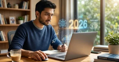 A person sitting comfortably at home, working on a laptop with digital earning icons in the background.