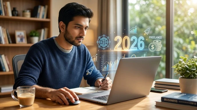 A person sitting comfortably at home, working on a laptop with digital earning icons in the background.