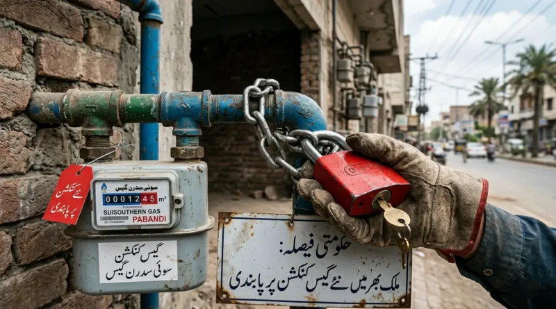 پاکستان میں نئے گیس کنکشن پر پابندی کی علامتی تصویر جس میں گیس میٹر پر تالا لگا ہوا دکھایا گیا ہے۔