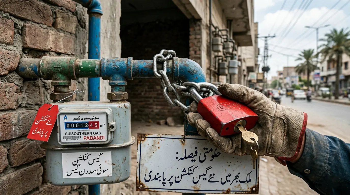 پاکستان میں نئے گیس کنکشن پر پابندی کی علامتی تصویر جس میں گیس میٹر پر تالا لگا ہوا دکھایا گیا ہے۔