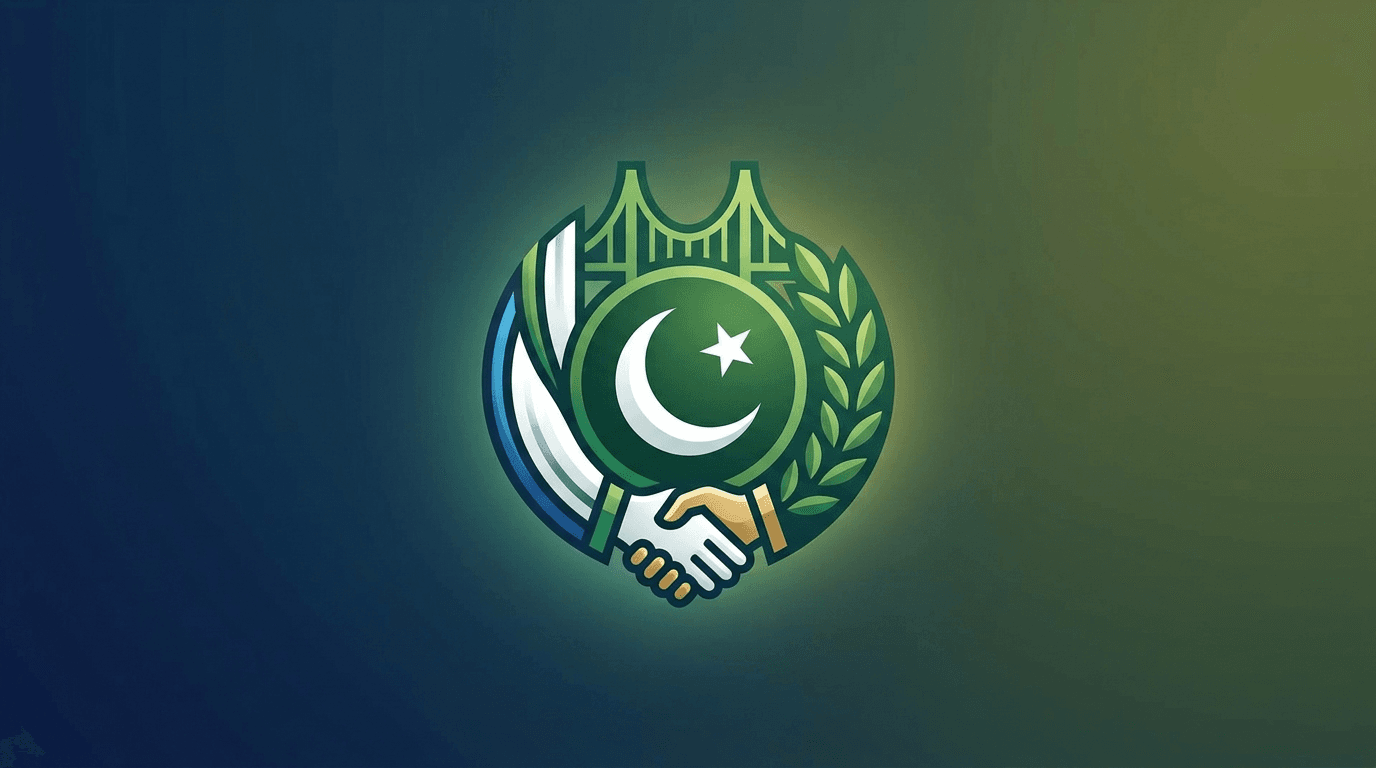 A conceptual globe with the official map of Pakistan (including Kashmir) and the symbols of Pakistan, Iran (Persian Lion), and the USA, representing Pakistan's diplomatic role.