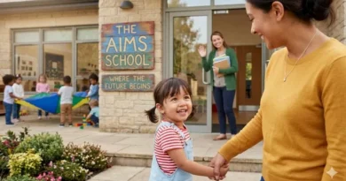 A mother smiling and hugging her young child in front of a school building, representing a positive start to school.