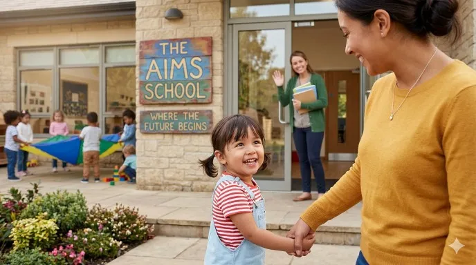 A mother smiling and hugging her young child in front of a school building, representing a positive start to school.