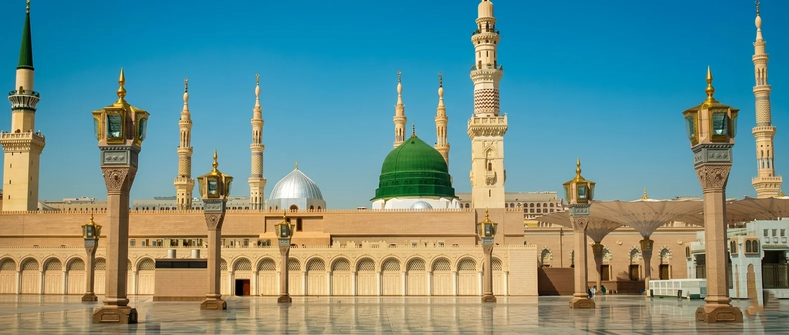 An artistic representation showing a balance between spiritual worship and social responsibilities like helping elders, orphans, and workers, symbolizing Islamic social justice.