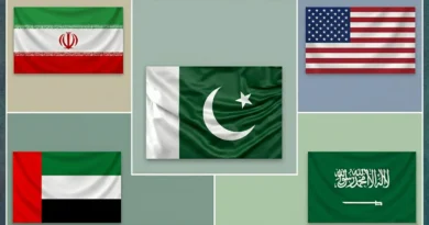 Symbolic representation of Middle East diplomatic and financial crisis between UAE, Saudi Arabia, and Pakistan during Iran-USA tension.