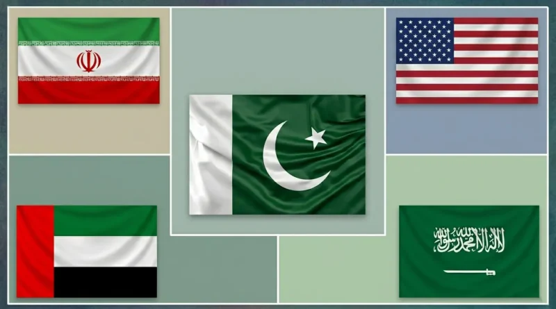 Symbolic representation of Middle East diplomatic and financial crisis between UAE, Saudi Arabia, and Pakistan during Iran-USA tension.