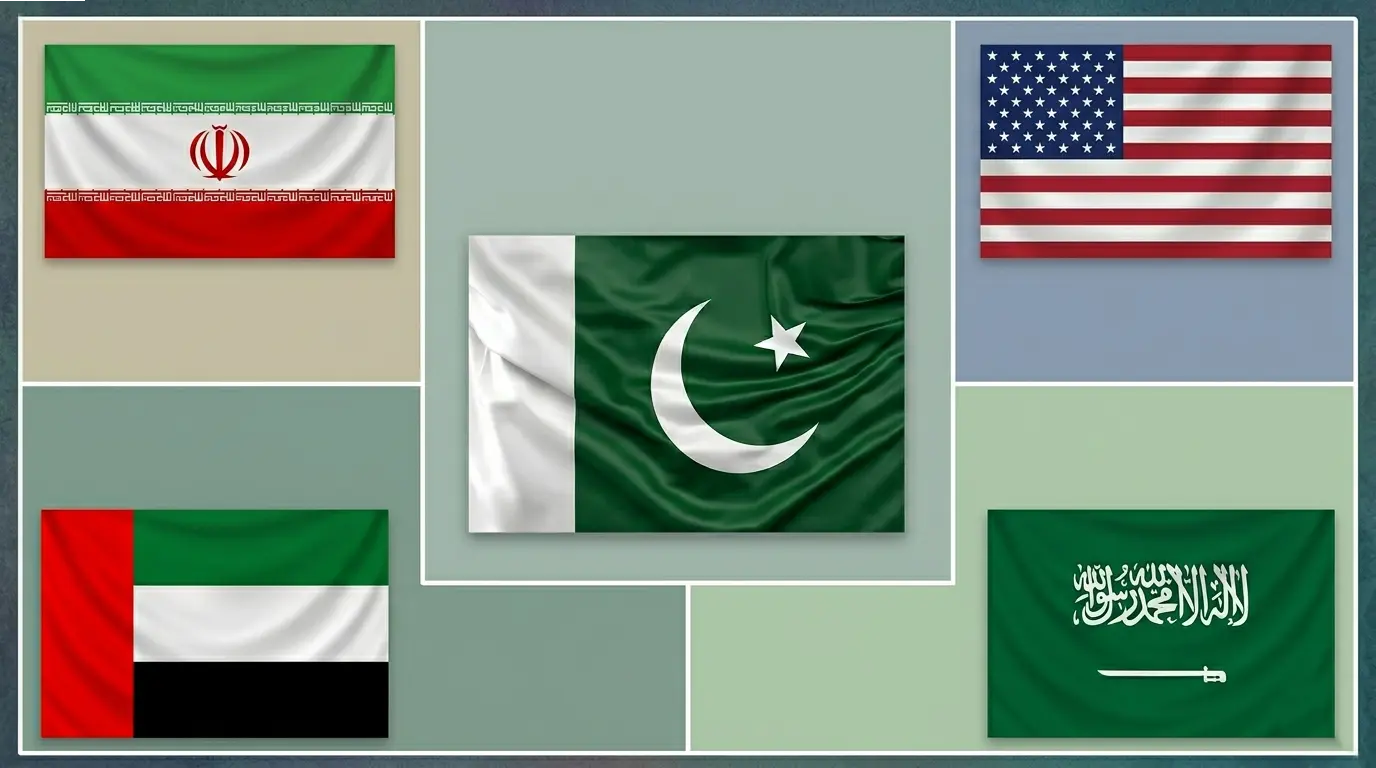 Symbolic representation of Middle East diplomatic and financial crisis between UAE, Saudi Arabia, and Pakistan during Iran-USA tension.