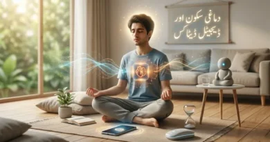 A man practicing meditation in a peaceful room with a smartphone placed away, representing digital detox and mental health.