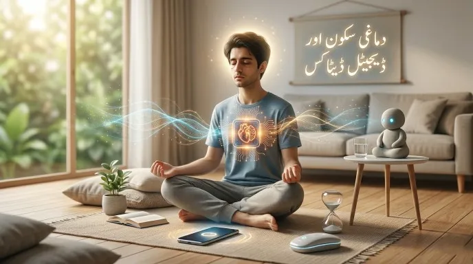 A man practicing meditation in a peaceful room with a smartphone placed away, representing digital detox and mental health.