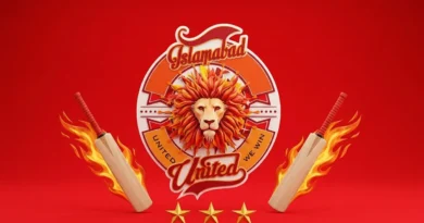 Islamabad United team logo with cricket bats and fire background for PSL playoff news