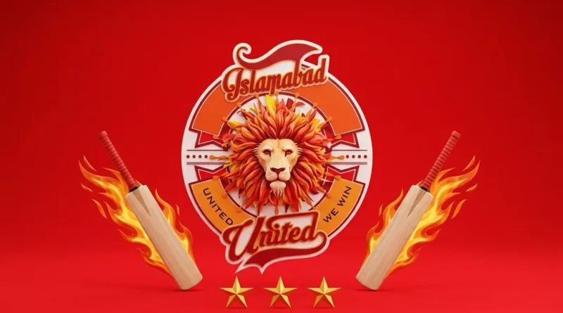 Islamabad United team logo with cricket bats and fire background for PSL playoff news