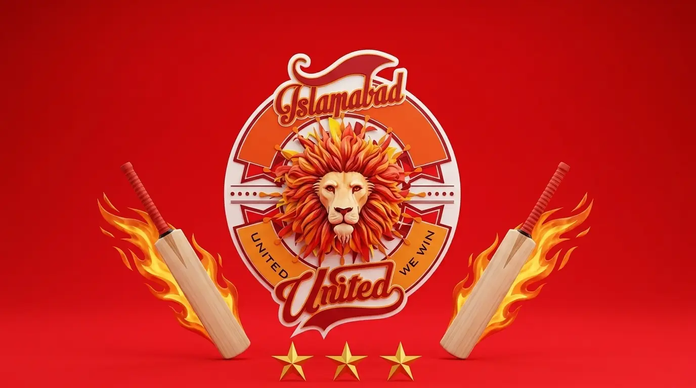Islamabad United team logo with cricket bats and fire background for PSL playoff news