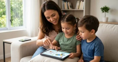 A family sitting together, interacting without phones, while a tablet shows educational content in the background.