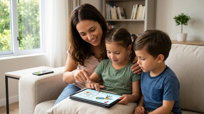 A family sitting together, interacting without phones, while a tablet shows educational content in the background.