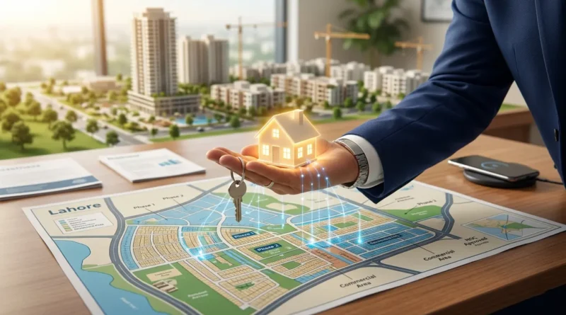A conceptual image showing high-rise buildings and a hand holding a key or a house model over a blue map.