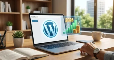 A laptop screen showing WordPress dashboard and Google AdSense earning reports.