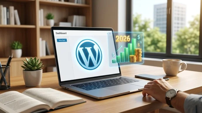 A laptop screen showing WordPress dashboard and Google AdSense earning reports.