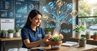 A professional concept showing a small shop growing into a global corporate brand.