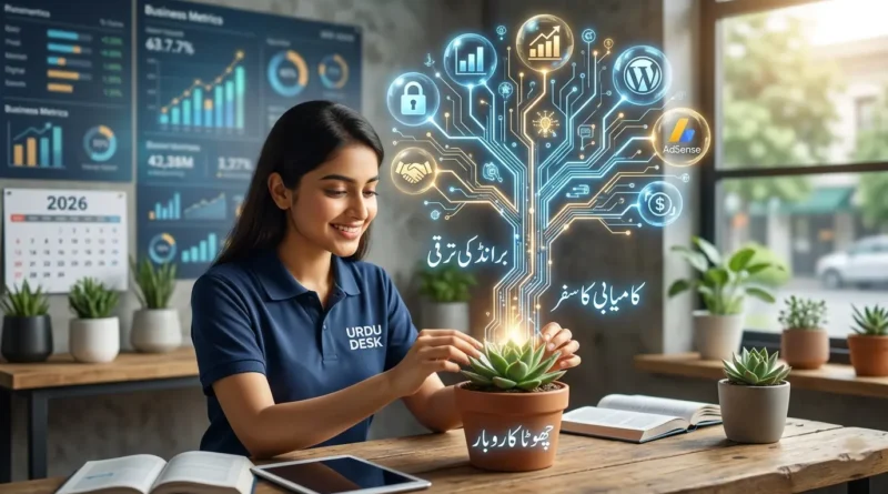 A professional concept showing a small shop growing into a global corporate brand.