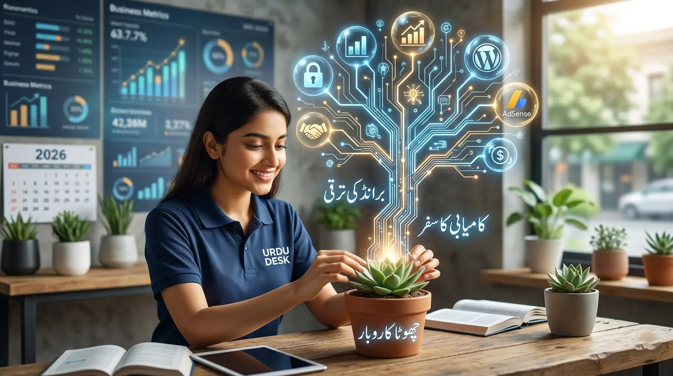 A professional concept showing a small shop growing into a global corporate brand.