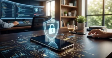 A digital lock appearing over a smartphone screen with a blue cyber security background.