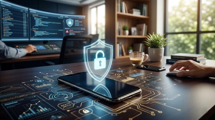 A digital lock appearing over a smartphone screen with a blue cyber security background.