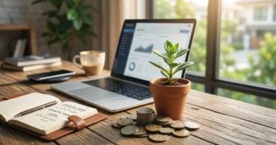 A person organizing small products for shipping with a laptop and notebook nearby.