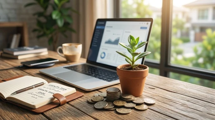 A person organizing small products for shipping with a laptop and notebook nearby.