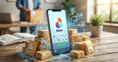 A smartphone showing the Daraz seller app with parcels ready for delivery in the background.