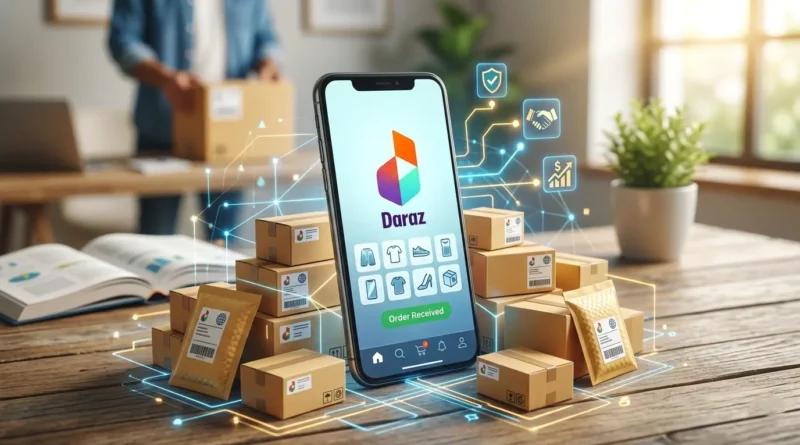 A smartphone showing the Daraz seller app with parcels ready for delivery in the background.