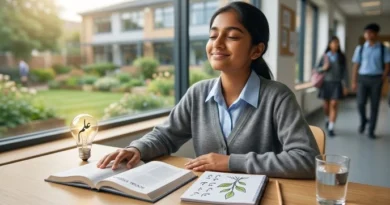 A student sitting at a desk with books, looking calm and focused, with a healthy snack nearby.