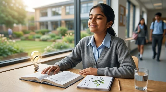 A student sitting at a desk with books, looking calm and focused, with a healthy snack nearby.