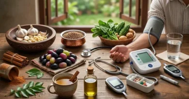 A healthy food plate with vegetables, garlic, and cinnamon next to a blood pressure monitor and glucose meter.
