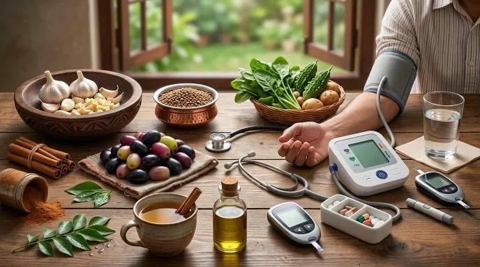 A healthy food plate with vegetables, garlic, and cinnamon next to a blood pressure monitor and glucose meter.
