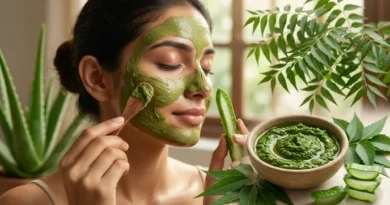 A woman applying natural facial mask made of aloe vera and neem on her face, with aloe vera plant in the background.