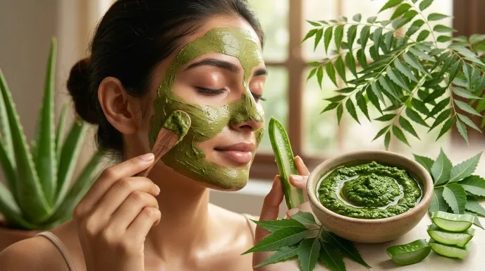 A woman applying natural facial mask made of aloe vera and neem on her face, with aloe vera plant in the background.
