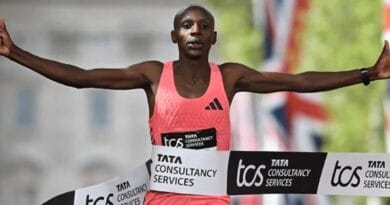 Sebastian Sawe crossing the finish line at London Marathon 2026 under 2 hours