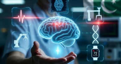 A futuristic hospital scene showing a doctor working alongside a medical AI robot for patient diagnosis.