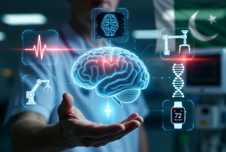 A futuristic hospital scene showing a doctor working alongside a medical AI robot for patient diagnosis.