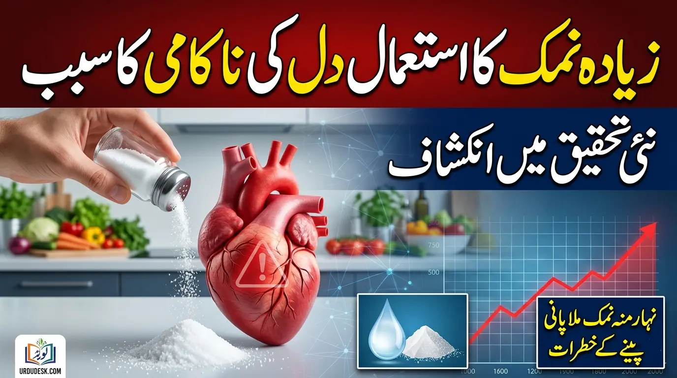 زیادہ نمک کا استعمال دل کی ناکامی کا سبب: نئی تحقیق میں انکشاف نمک کے زیادہ استعمال اور دل کی بیماریوں کے درمیان تعلق پر مبنی ایک معلوماتی تھمب نیل جس میں انسانی دل اور نمک دانی دکھائی گئی ہے۔