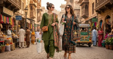 مشرقی لباس میں ملبوس خواتین ایک روایتی پاکستانی بازار میں پائیدار فیشن کے فروغ کے لیے خریداری کر رہی ہیں۔